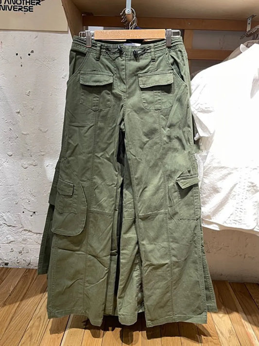 Vintage Casual Green Cargo Pants Women Autumn Solid Adjustable Elastic High Waist Straight Pants Retro Streetwear Y2k Trousers