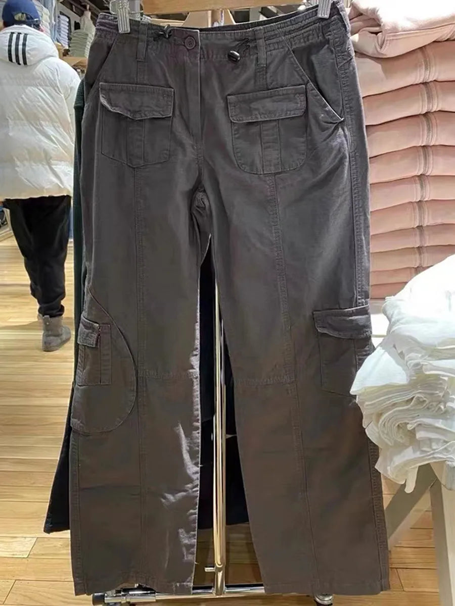 Vintage Casual Green Cargo Pants Women Autumn Solid Adjustable Elastic High Waist Straight Pants Retro Streetwear Y2k Trousers