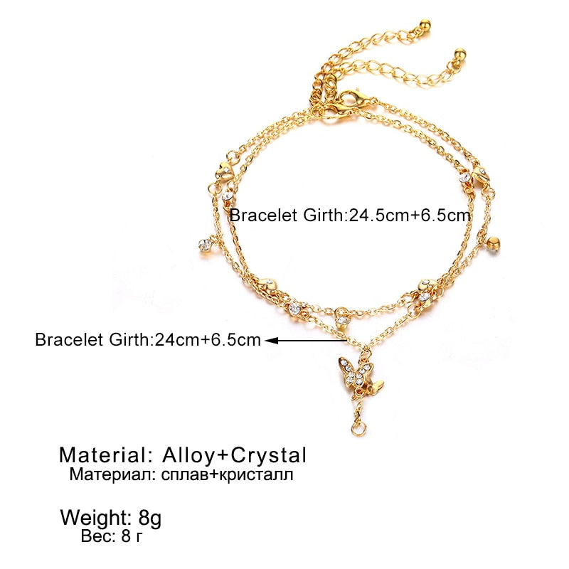 Summer Boho Butterfly Anklet For Women Multilayer Crystal Ankle Bracelet Foot Chain Leg Bracelet Beach Accessories Jewelry