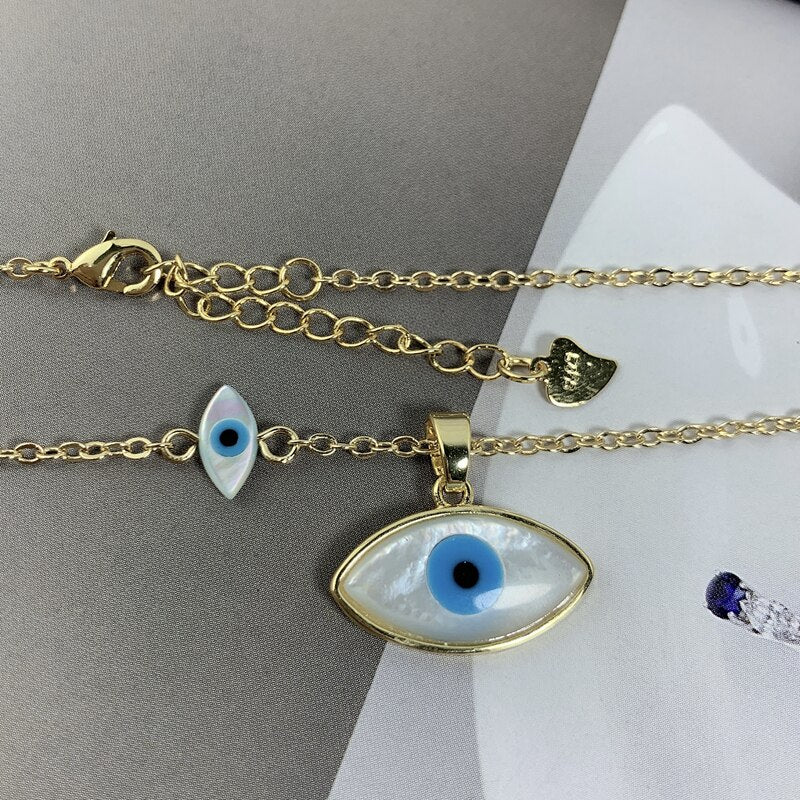 Fashion Blue Marquise Evil Eye Pendant Necklace Women Gold Plated Chain Natural MOP Pearl Shell Charm Choker For Girl Jewelry