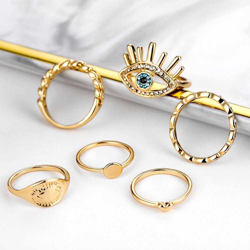 IPARAM Bohemian Blue Eyes Crystal Knuckle Ring for Women Retro Gold Color Geometric Alloy Finger Ring 2021 Fashion Trend Jewelry