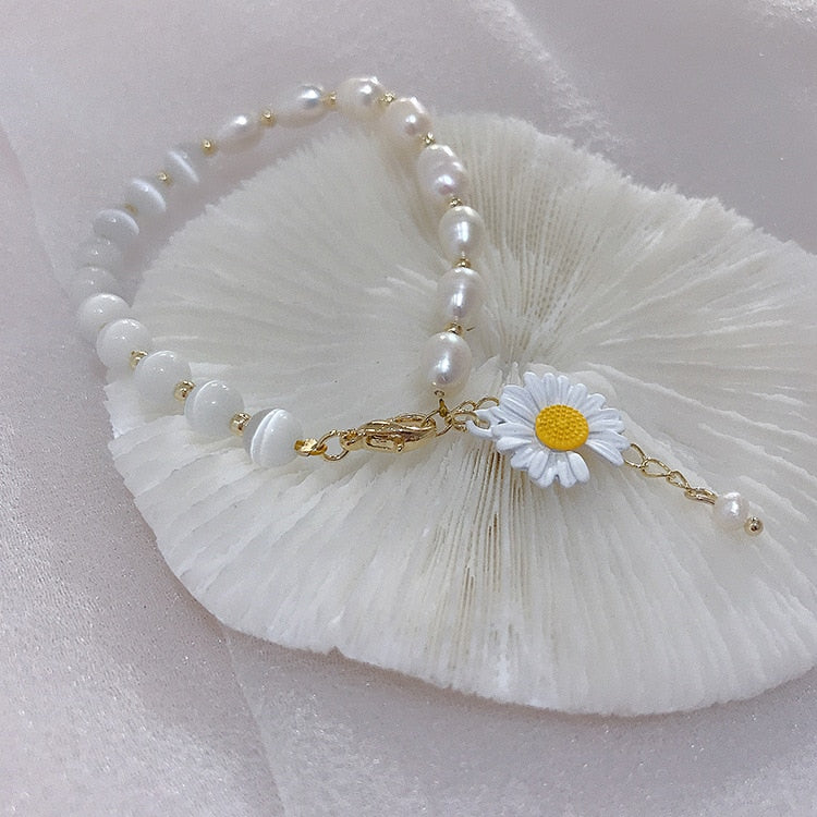 Korean Oval Pearl Opal Daisy Flower Bracelet For Women Etrendy New Jewelry Adjustable Simple Bracelets Gifts