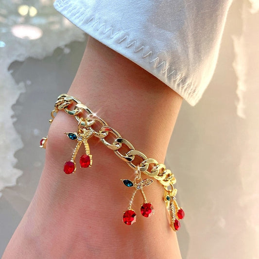 Flatfoosie Fashion Charm Cherry Crystal Bracelets for Women Gold Silver Color Adjustable Bracelet New Design Jewelry Party Gifts