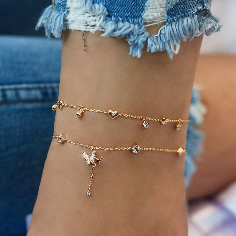 Summer Boho Butterfly Anklet For Women Multilayer Crystal Ankle Bracelet Foot Chain Leg Bracelet Beach Accessories Jewelry