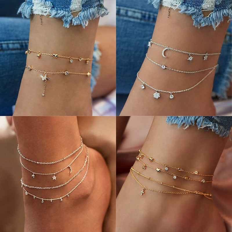 Summer Boho Butterfly Anklet For Women Multilayer Crystal Ankle Bracelet Foot Chain Leg Bracelet Beach Accessories Jewelry