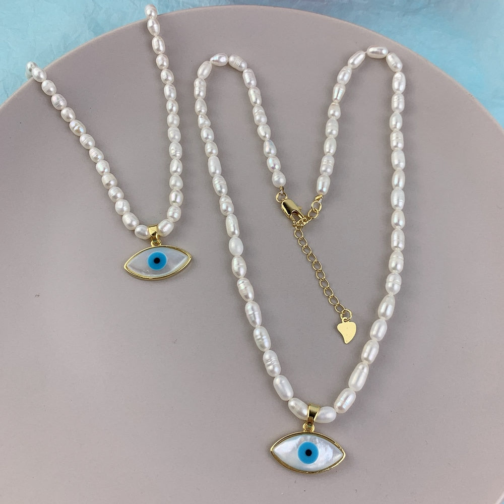 Natural Pearl Evil Eye Necklace Fashion Mother Of Pearl Shell Pendant Beaded Necklaces For Women 2021Gifts Jewelry