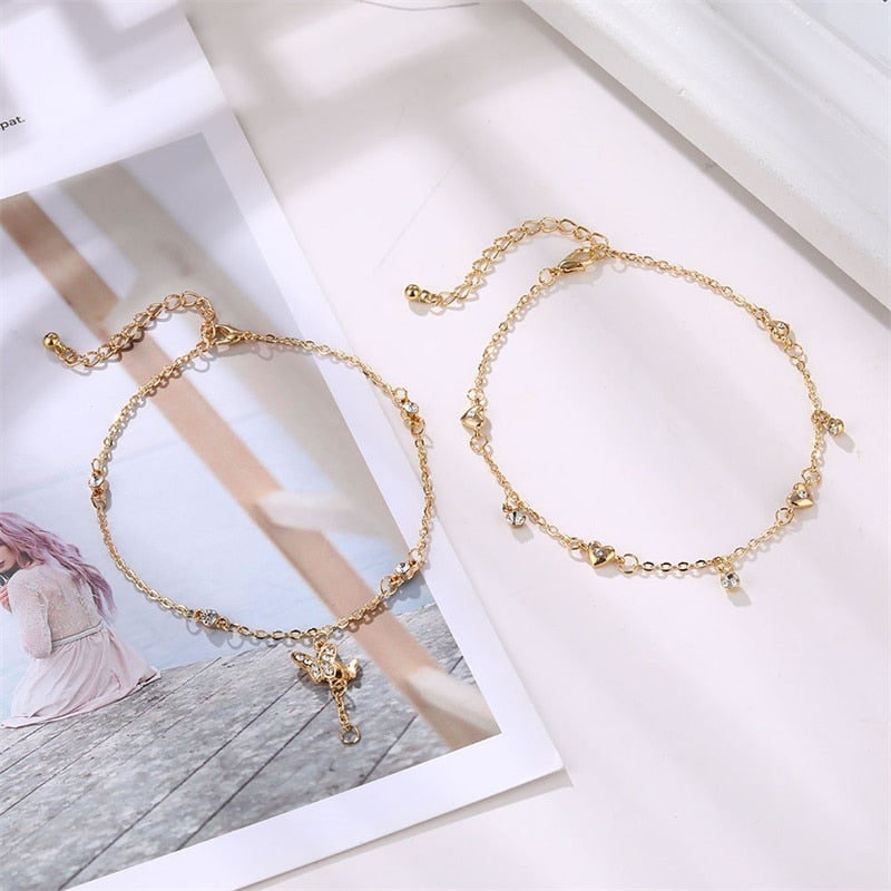 Summer Boho Butterfly Anklet For Women Multilayer Crystal Ankle Bracelet Foot Chain Leg Bracelet Beach Accessories Jewelry