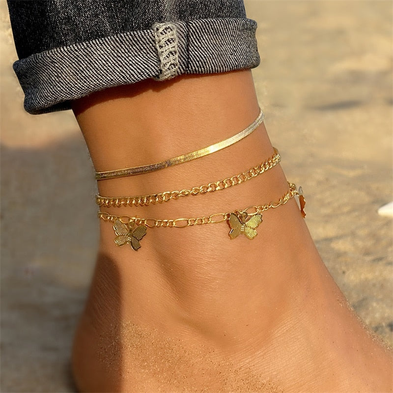 Summer Boho Butterfly Anklet For Women Multilayer Crystal Ankle Bracelet Foot Chain Leg Bracelet Beach Accessories Jewelry