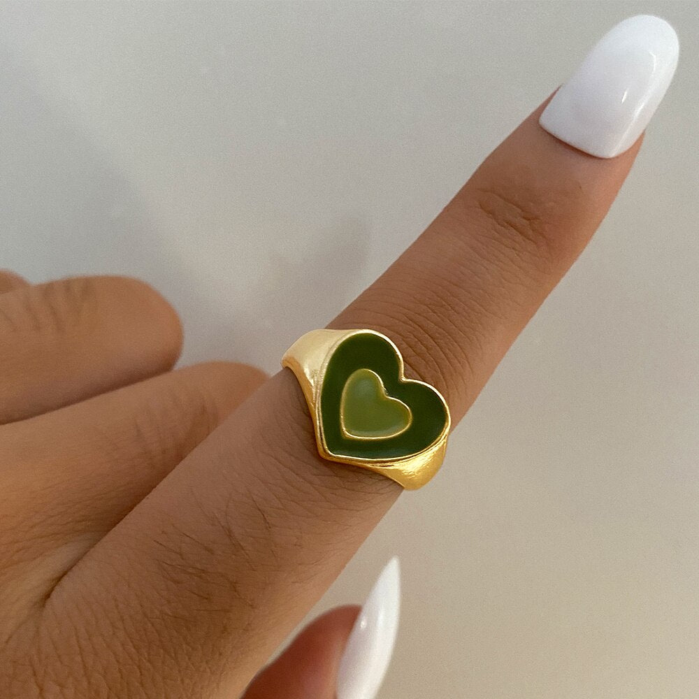 IPARAM Punk Colorful Green Resin Heart Rings Set for Women Fashion Heart Acrylic Chain Ring Wholesale Drip Oil Jewelry Gifts