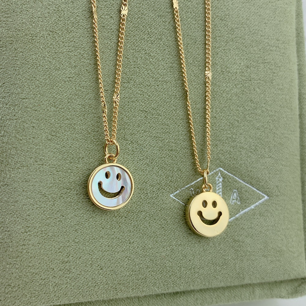 Round Coin Smiley Face Smile Necklace For Women 2021 Natural Mother of Pearl Shell Charms Pendant Neck Chain Girl Gifts Jewelry