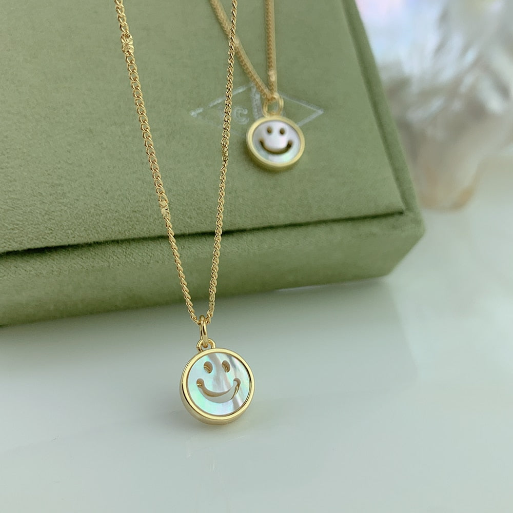 Round Coin Smiley Face Smile Necklace For Women 2021 Natural Mother of Pearl Shell Charms Pendant Neck Chain Girl Gifts Jewelry