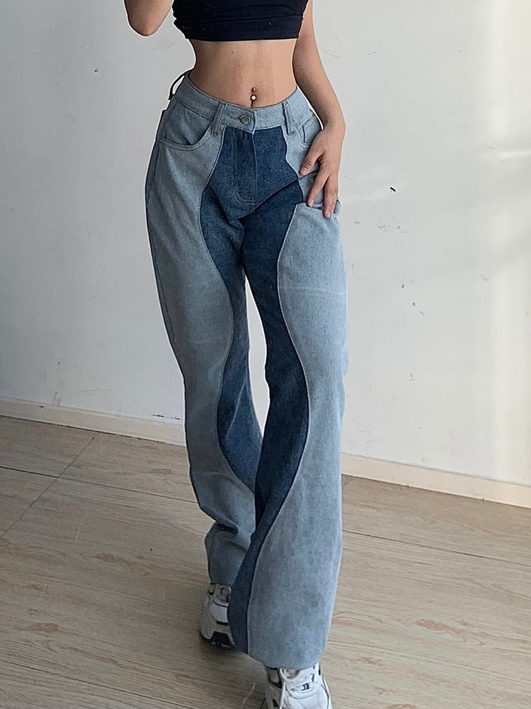 Wavy High Waist Patchwork Jeans
