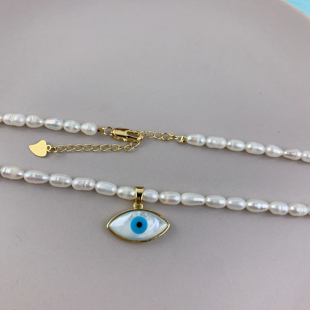 Natural Pearl Evil Eye Necklace Fashion Mother Of Pearl Shell Pendant Beaded Necklaces For Women 2021Gifts Jewelry