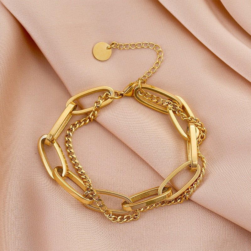 MEYRROYU Stainless Steel Layered Golden Pendant Bracelet For Women Retro Punk Gothic Portrait Coin Cross Pearl Bracelet Jewelry