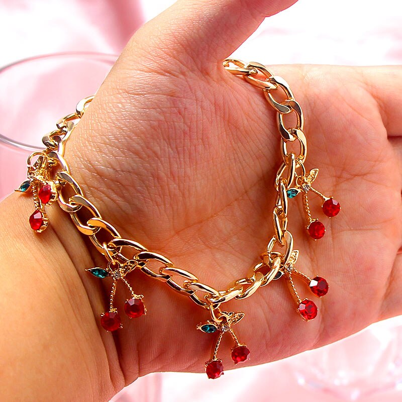 Flatfoosie Fashion Charm Cherry Crystal Bracelets for Women Gold Silver Color Adjustable Bracelet New Design Jewelry Party Gifts