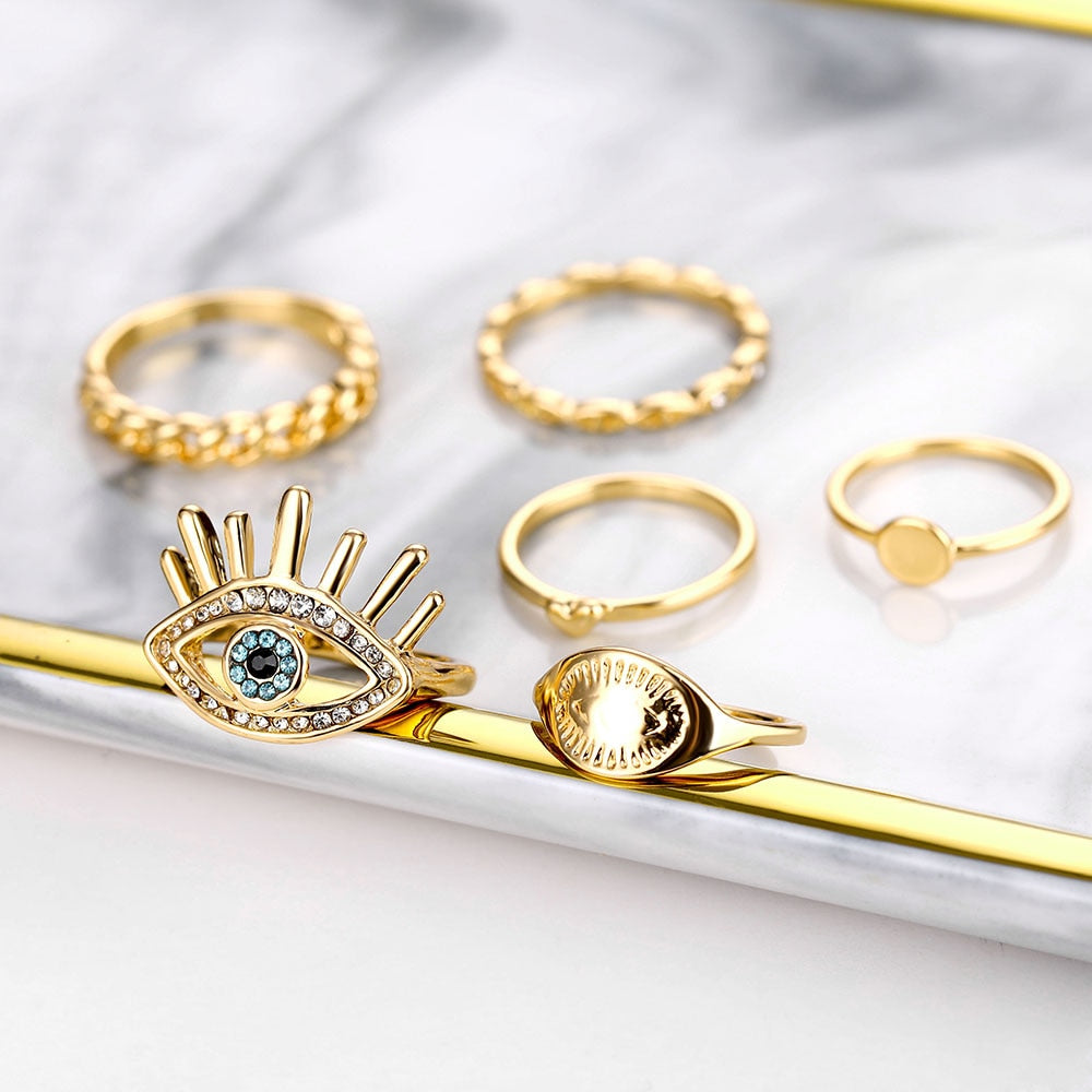 IPARAM Bohemian Blue Eyes Crystal Knuckle Ring for Women Retro Gold Color Geometric Alloy Finger Ring 2021 Fashion Trend Jewelry