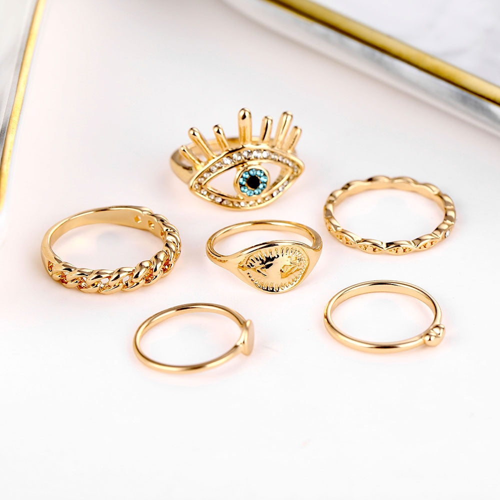 IPARAM Bohemian Blue Eyes Crystal Knuckle Ring for Women Retro Gold Color Geometric Alloy Finger Ring 2021 Fashion Trend Jewelry