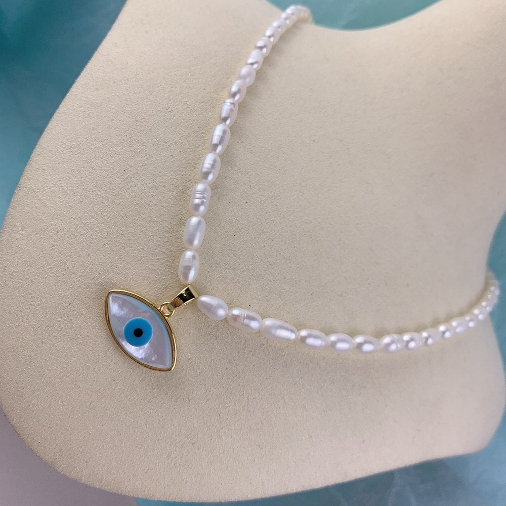 Natural Pearl Evil Eye Necklace Fashion Mother Of Pearl Shell Pendant Beaded Necklaces For Women 2021Gifts Jewelry