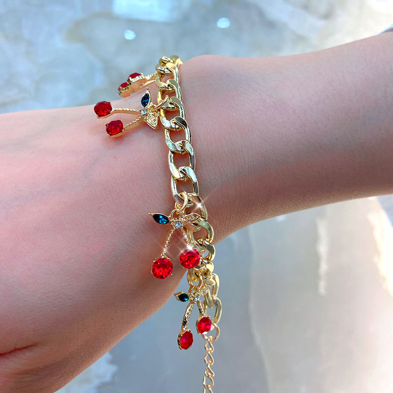 Flatfoosie Fashion Charm Cherry Crystal Bracelets for Women Gold Silver Color Adjustable Bracelet New Design Jewelry Party Gifts