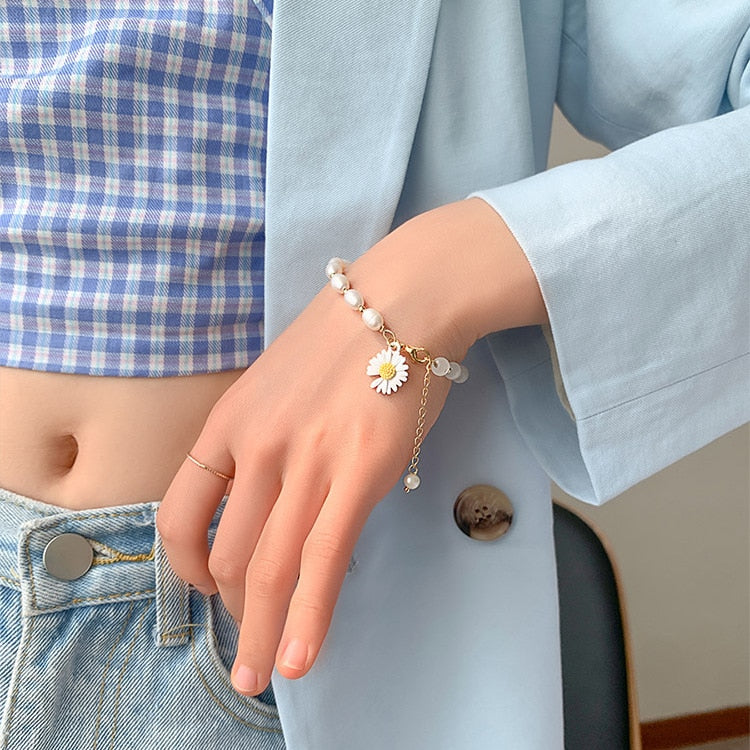 Korean Oval Pearl Opal Daisy Flower Bracelet For Women Etrendy New Jewelry Adjustable Simple Bracelets Gifts