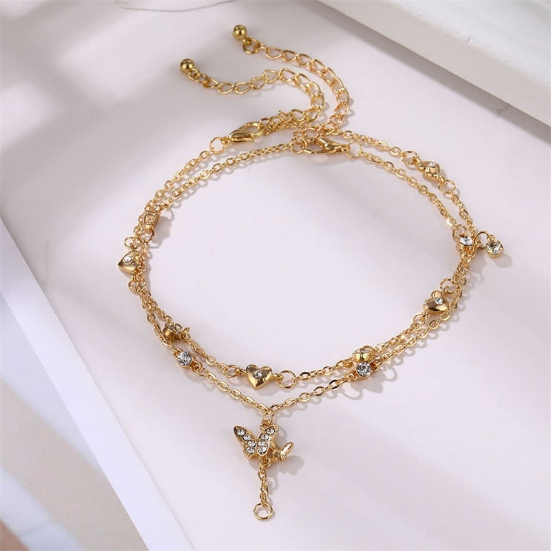 Summer Boho Butterfly Anklet For Women Multilayer Crystal Ankle Bracelet Foot Chain Leg Bracelet Beach Accessories Jewelry