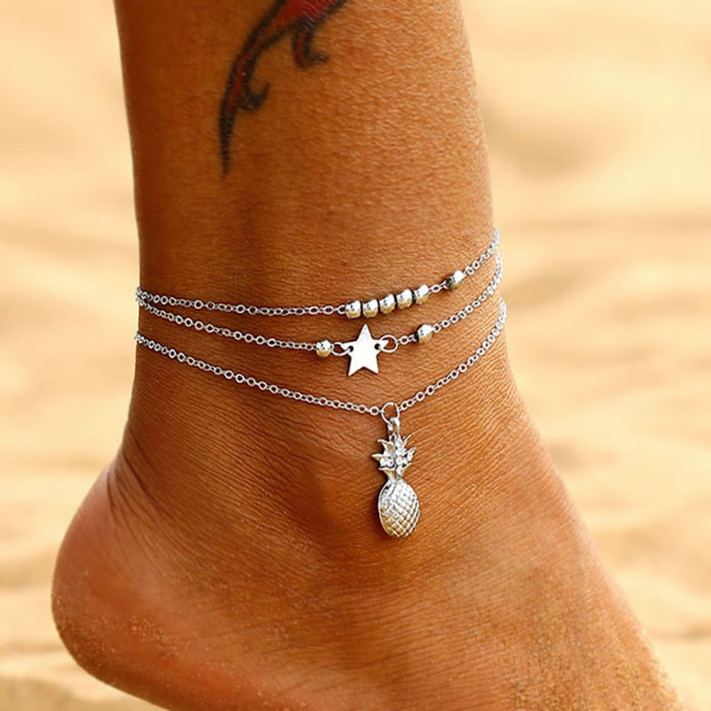 Summer Boho Butterfly Anklet For Women Multilayer Crystal Ankle Bracelet Foot Chain Leg Bracelet Beach Accessories Jewelry