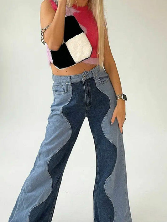 Wavy High Waist Patchwork Jeans