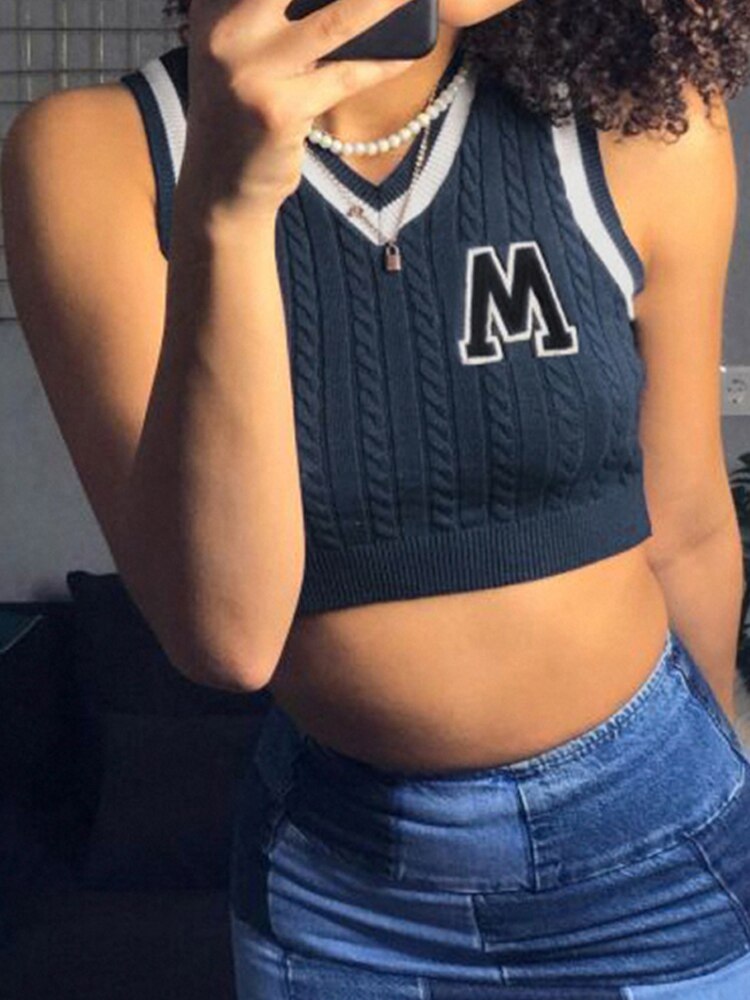 Letter Print Knitted Tank Sweater Vest