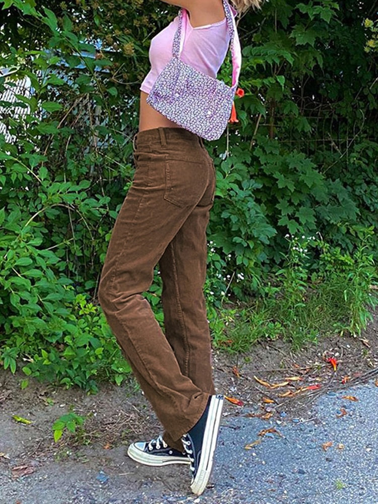 Mid Waist Corduroy Pants
