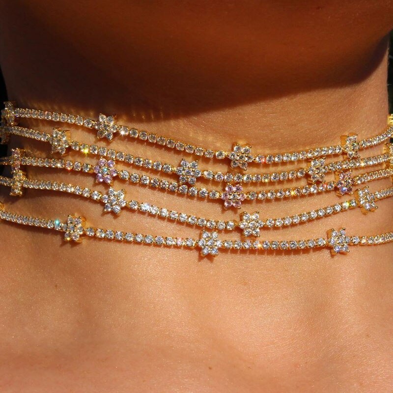 Stonefans Bling Gold Flower Crystal Choker Necklace Collar for Women Single Layer Layered Necklace Statment Wedding Jewelry