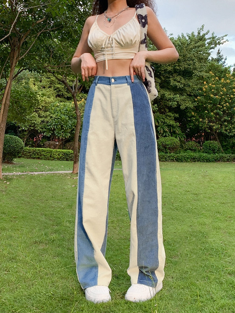 High Waist Corduroy Patchwork Pants