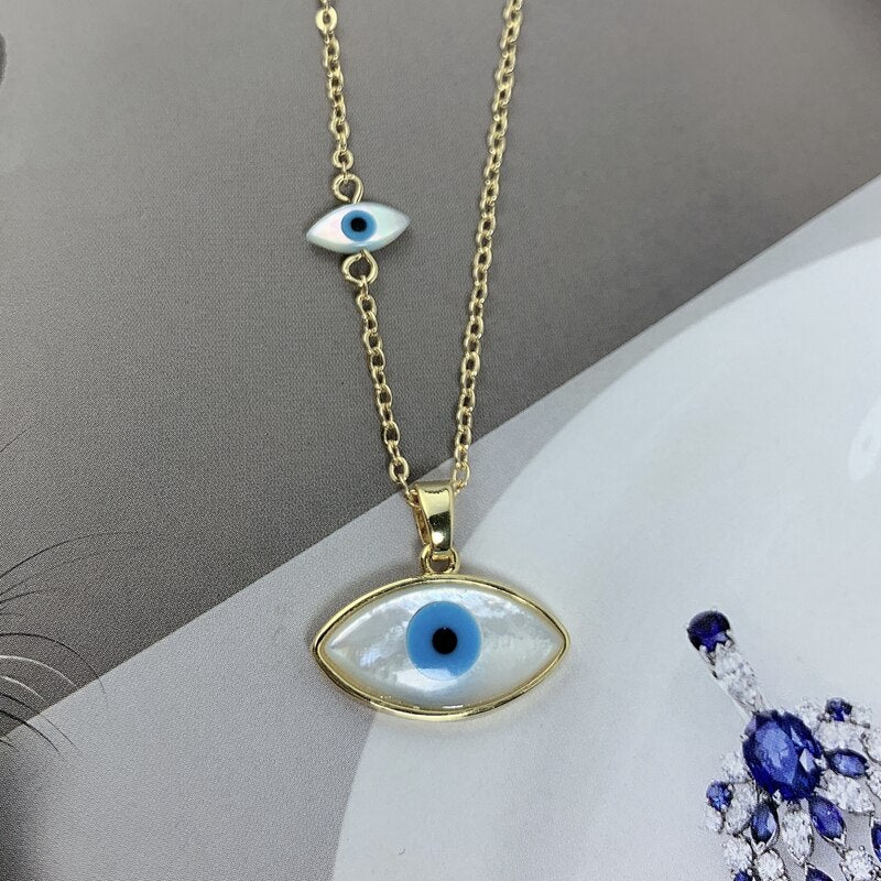 Fashion Blue Marquise Evil Eye Pendant Necklace Women Gold Plated Chain Natural MOP Pearl Shell Charm Choker For Girl Jewelry