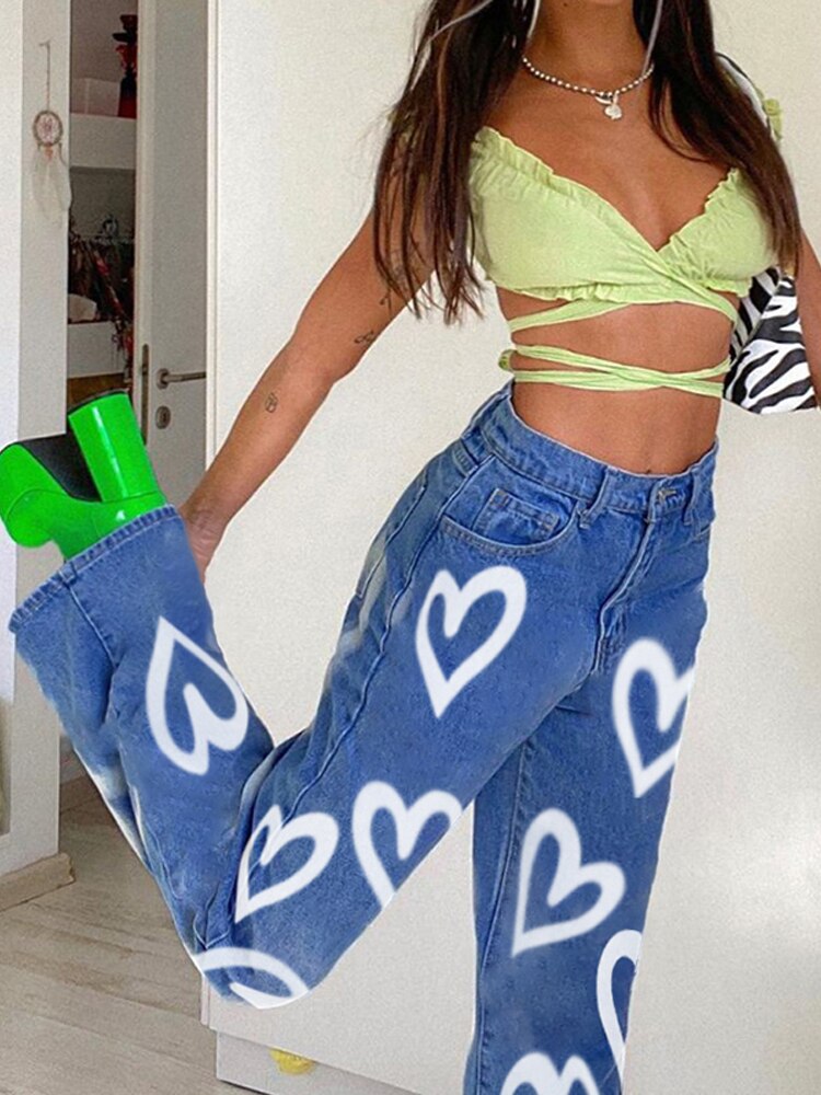 Black/Blue/Auburn High Waist Heart Jeans