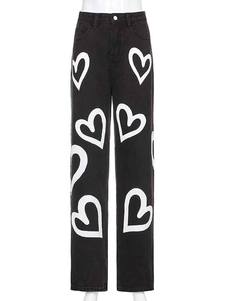 Black/Blue/Auburn High Waist Heart Jeans